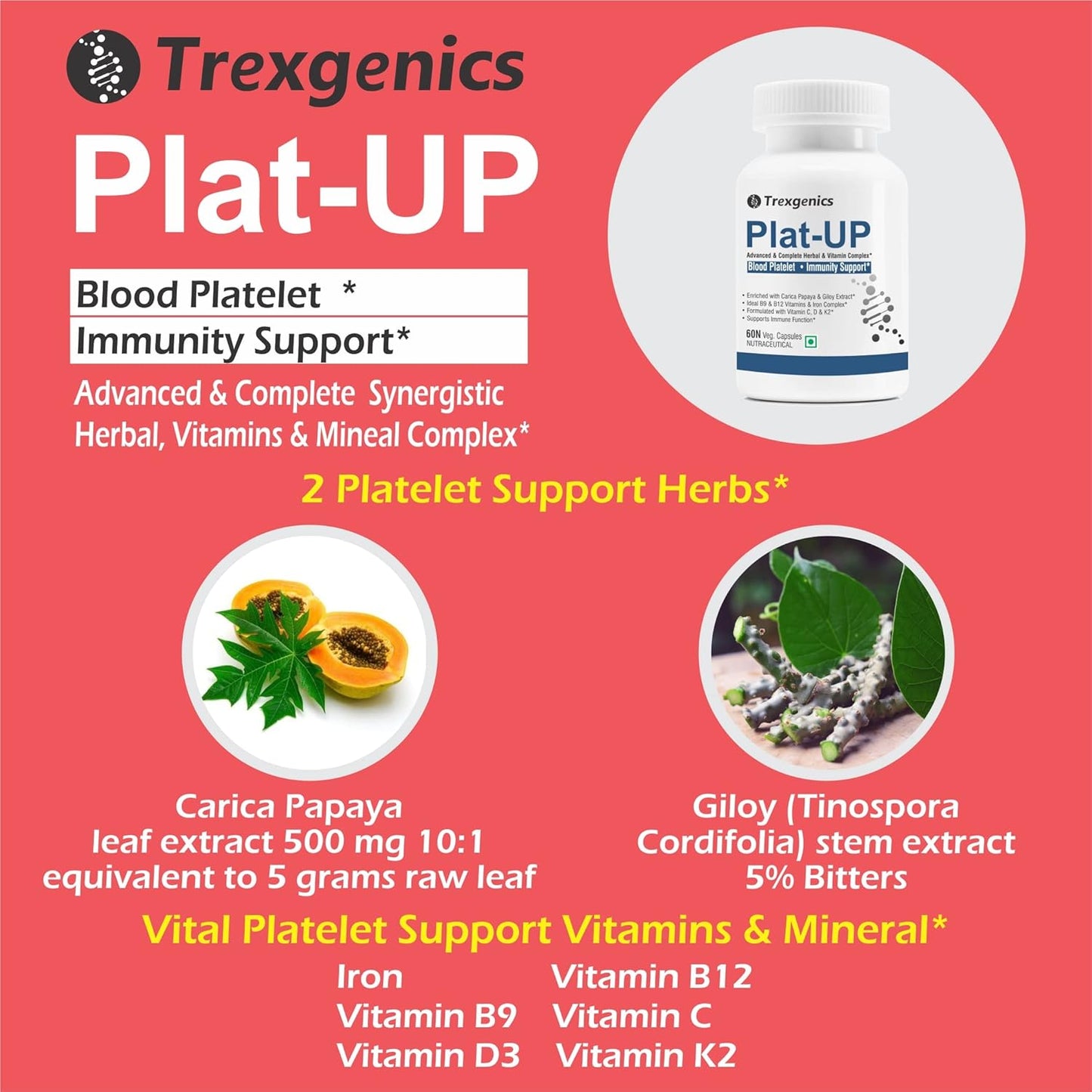 Trexgenics PLAT-UP Platelet Support, Hemoglobin, Advanced Formula VEGAN (60 Veg. Capsules) (Pack of 1)