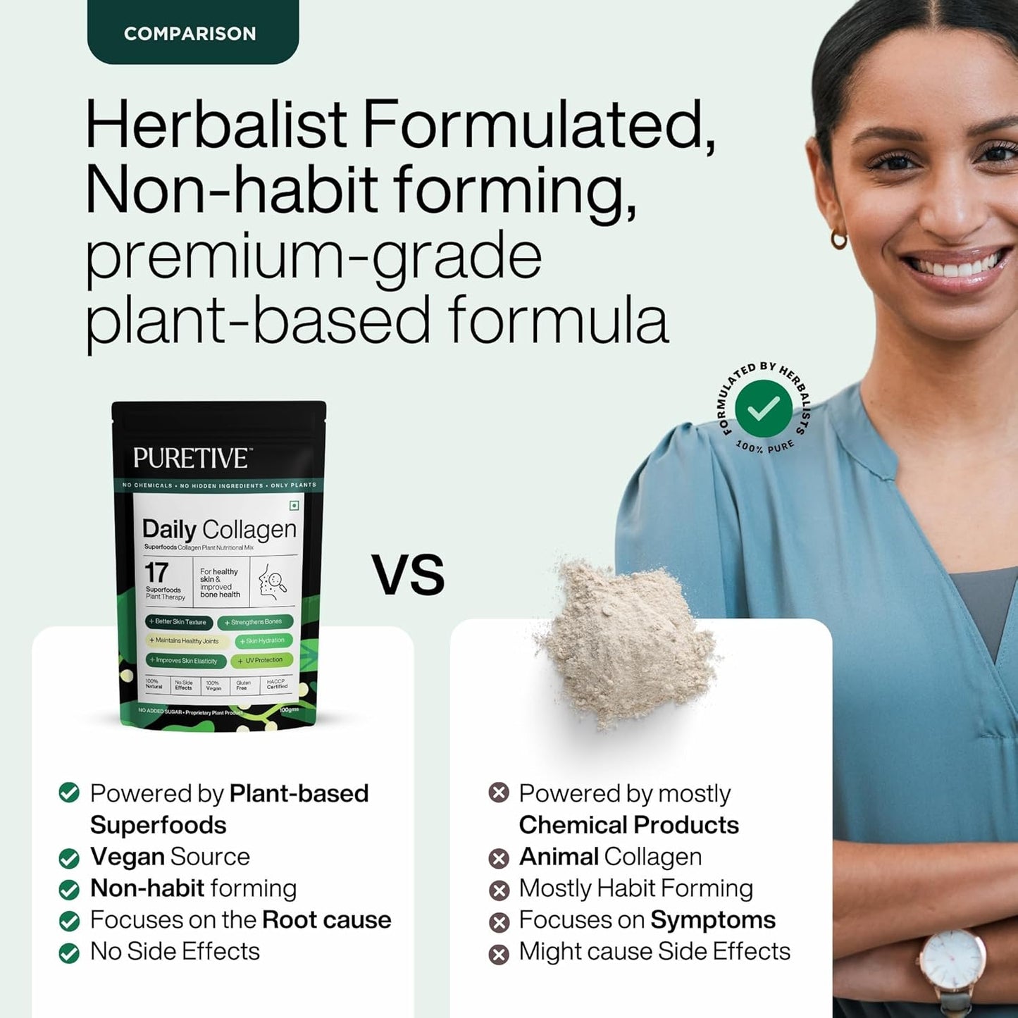 Puretive Daily Collagen Builder | Plant Based Vegan Powder | Marine Collagen Alternative | For Glowing Skin, Hair, Nails, Joint & Bone Support | Vitamin C Botanical Blend | 100g Supplement
