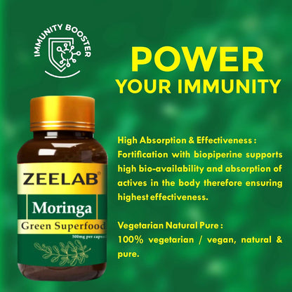 Zeelab Moringa Green Superfood Capsule | Immunity Supplements for Adults | 100% Vegetarian | Organic Moringa Leaf Powder 100 Capsules