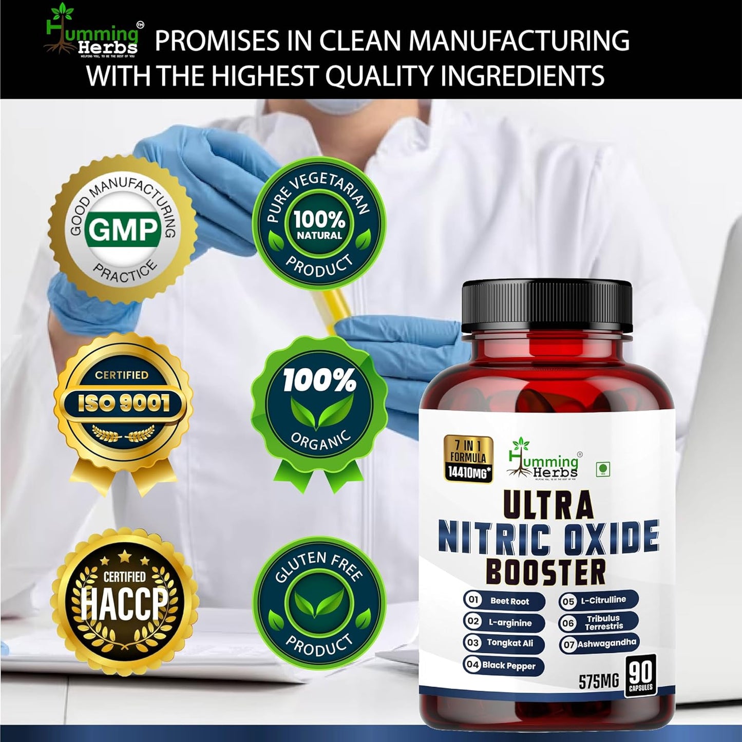 Humming Herbs ULTRA NITRIC BOOSTER - 7in1 | Beet Root, L-Arginine, Tongkat Ali, Black Pepper, L-Citrulline, Tribulus Terrestris & Ashwagandha - Enhance Energy, Performance, and Stamina - 90 Cap