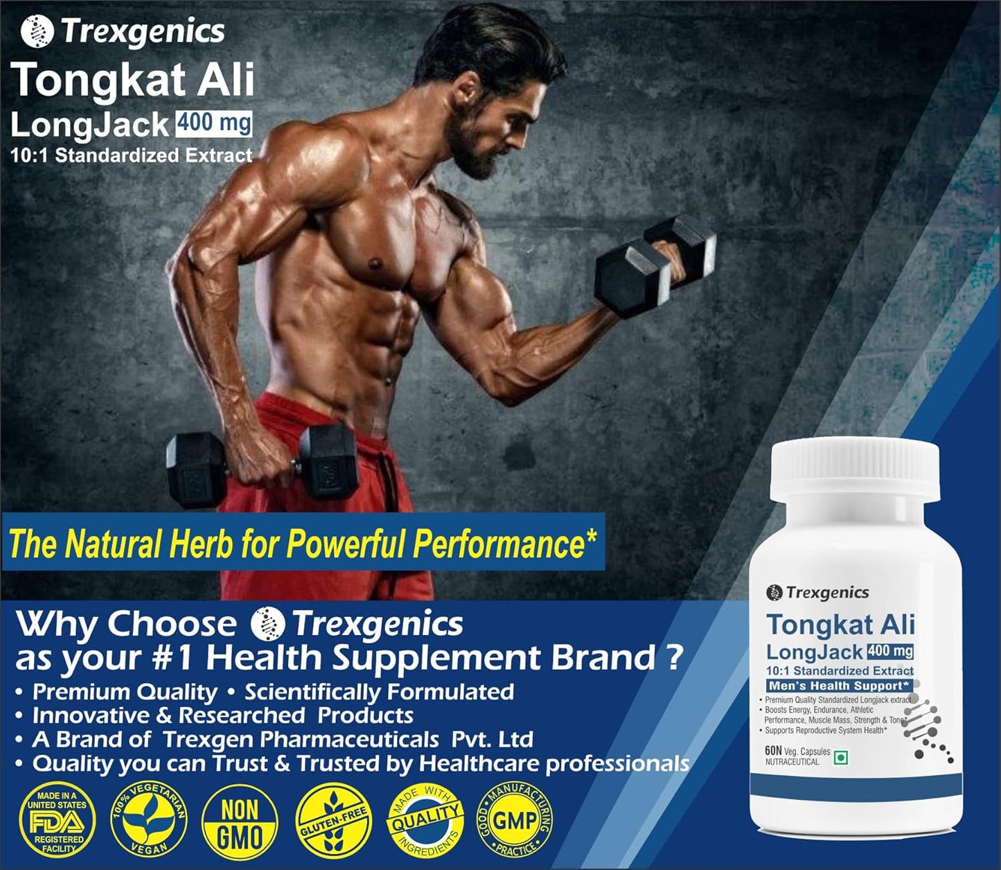 Trexgenics TONGKAT ALI LONGJACK 10:1 extract 400 mg Premium Men's Health Energy, Endurance, Athletic Performance Support (60 Veg. Capsules) (Pack of 1)