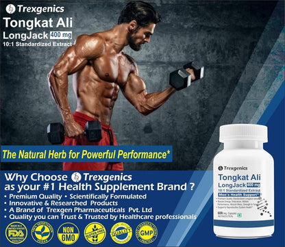 Trexgenics TONGKAT ALI LONGJACK 10:1 extract 400 mg Premium Men's Health Energy, Endurance, Athletic Performance Support (60 Veg. Capsules) (Pack of 1)