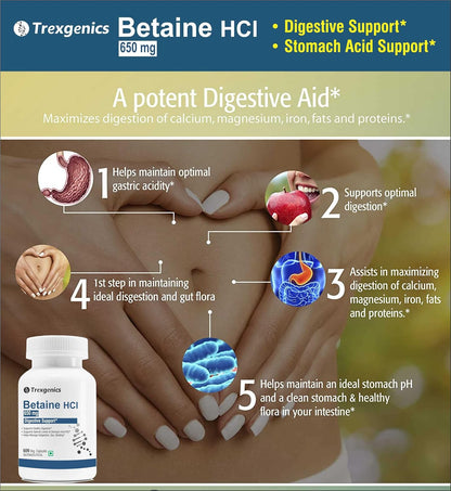 Trexgenics Betaine HCL 650 mg Stomach Acid Balance & Digestive Health Support (60 Veg. Capsules) (Pack of 1)