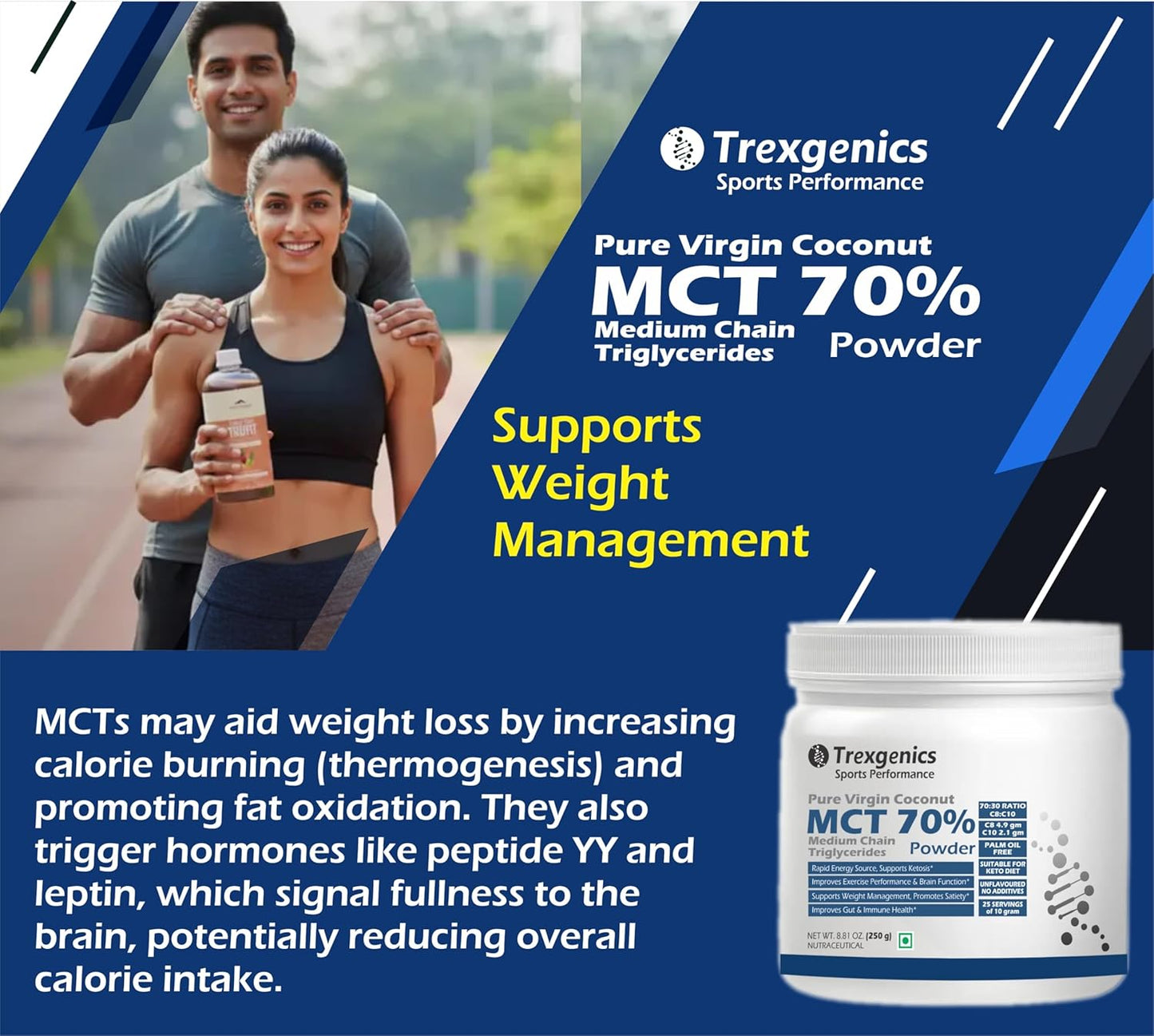 Trexgenics Pure MCT Medium Chain Triglycerides 70% Powder (from Virgin Cogonut) 70:30 C8:C10 Ratio, Rapid Energy, Ketosis Support (250 gram)