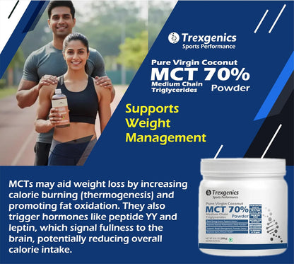 Trexgenics Pure MCT Medium Chain Triglycerides 70% Powder (from Virgin Cogonut) 70:30 C8:C10 Ratio, Rapid Energy, Ketosis Support (250 gram)