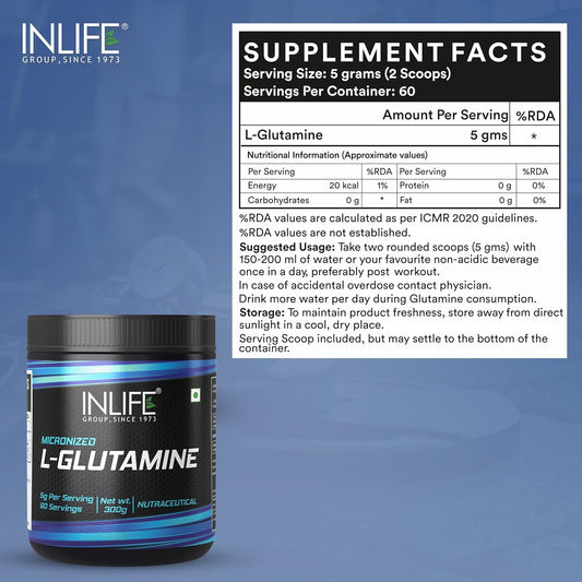 INLIFE L Glutamine Powder 5000mg | L Glutamine Supplement for Men - Unflavoured - 60 SERVINGS - 300g