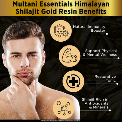 Multani Essentials Himalayan Shilajit Gold Resin 20gm with Ashwagandha, Safed Musli & Gold Extract | Stamina, Energy, and Power | Supports Rejuvenation | More Than 70% Fulvic Acid