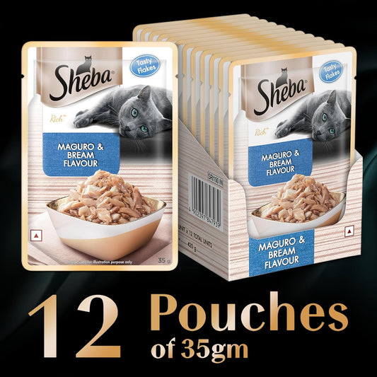 Sheba Rich Premium Adult (1+ Years) Wet Cat Food, Maguro & Bream Flavour, 35 g Pouch (Pack of 12), High-moisture wet food for healthy hydration