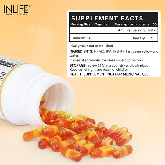 INLIFE Turmeric Oil Capsules, Faster Absorption than Extract, Antioxidant & Natural Detoxifier Supplement for Men & Women, 500mg â€“ 60 Liquid Filled Vegetarian Capsules (Pack of 1)