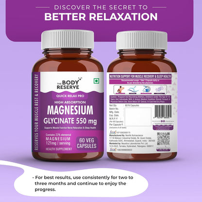The Body Reserve Magnesium Glycinate Supplement - 60 Vegetable Capsules, 550mg Per Serving, High Absorption Chelated Form - Supports Muscle & Nerve Health, Relaxation for Men & Women