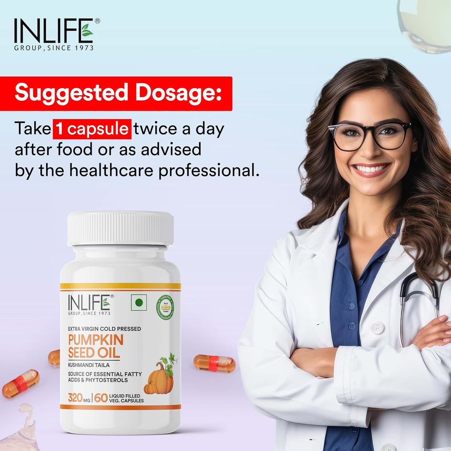 INLIFE Pumpkin Seed Oil Capsules | Extra Virgin Cold Pressed Pure Oil | Plant-Based Phytosterols | Prostate Health Support & Immunity | 60 Vegetarian Capsules