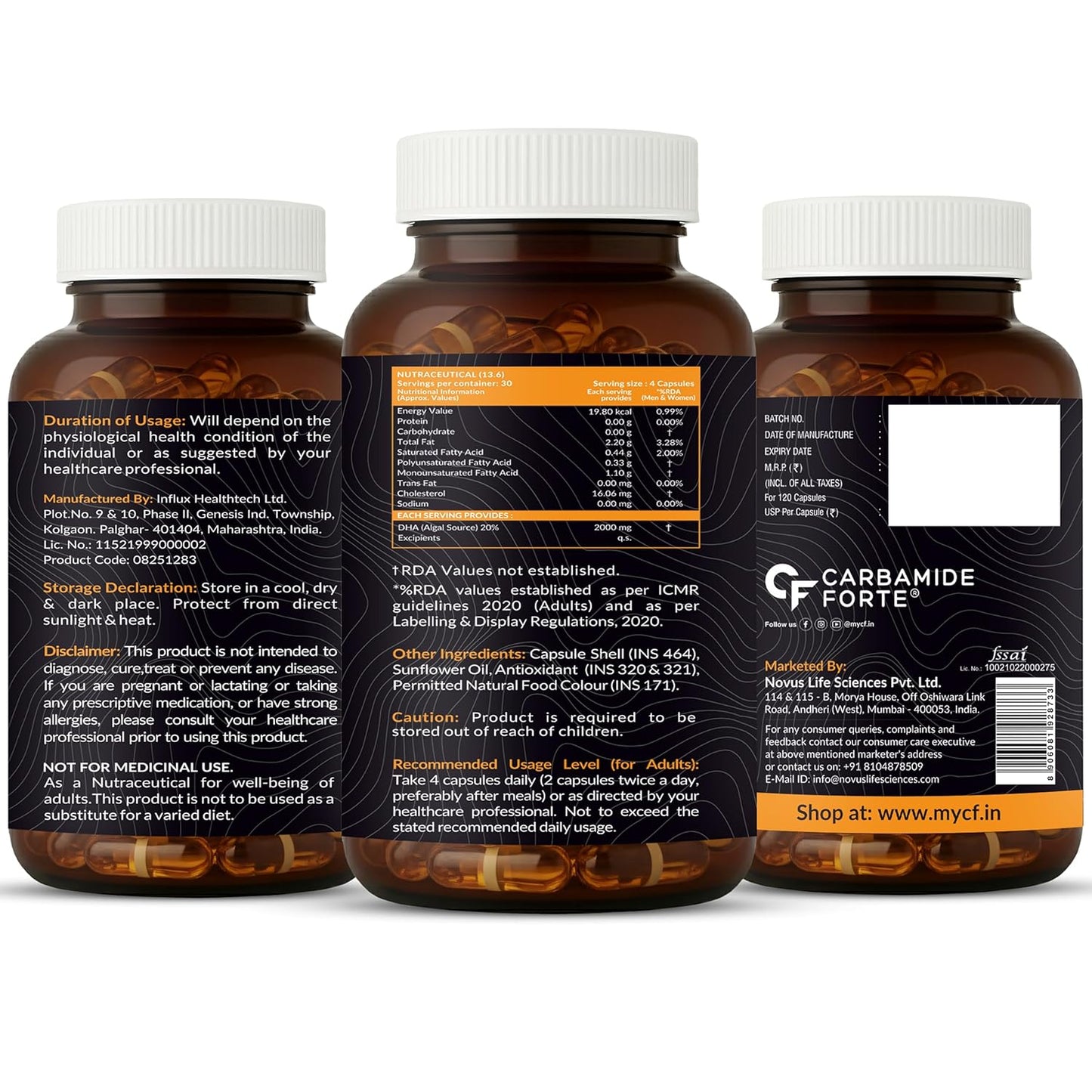 Carbamide Forte Veg Omega 3 2000mg | Plant- Based Omega 3 Supplement with 20% Algal DHA | Supports Heart, Brain & Eye Health - 120 Capsules