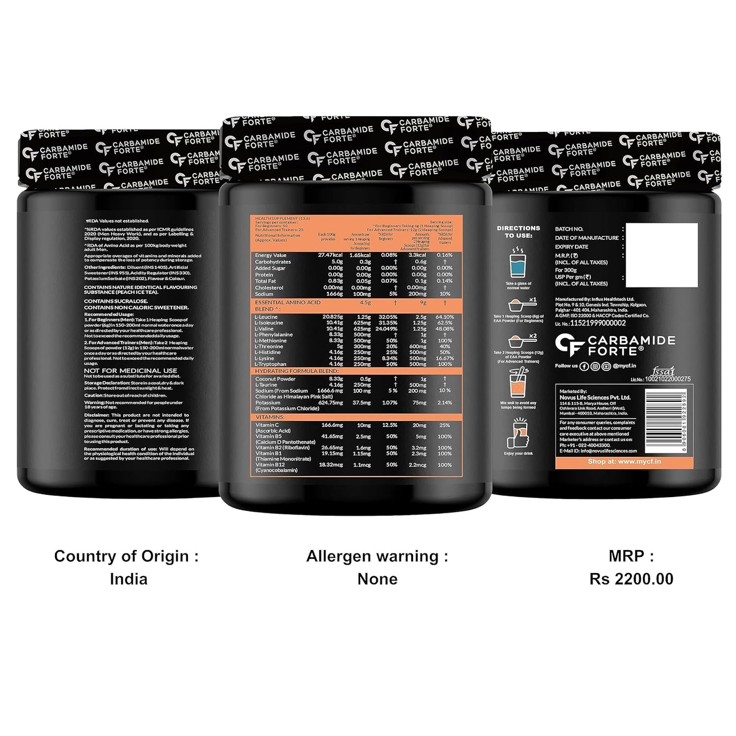 Carbamide Forte Eaa Supplement with Bcaa 5000Mg | Eaa intra workout Supplement for Men & Women with Hydration Blend & Vitamins â€“ Peach Iced Tea Flavour - 50 Servings - Powder 300G