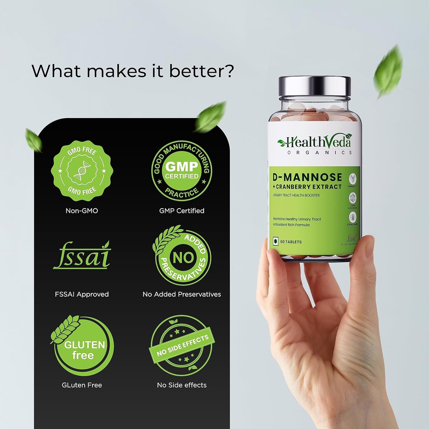 HEALTH VEDA ORGANICS PRIVATE LIMITED D-Mannose 500 mg + Cranberry Extract 200 mg | 60 Veg Tablets I Supports Kidney Health & Urinary Tract Infection