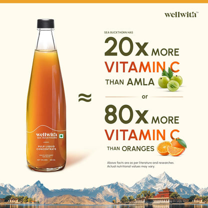 Wellwith by Ayuzera Himalayan Sea Buckthorn Pulp 300ml | Cold Pressed Seabuckthorn Juice | Rich in Vitamin C, Omega 3 6 7 9 & Antioxidants | Supports Immunity, Skin & Gut Health
