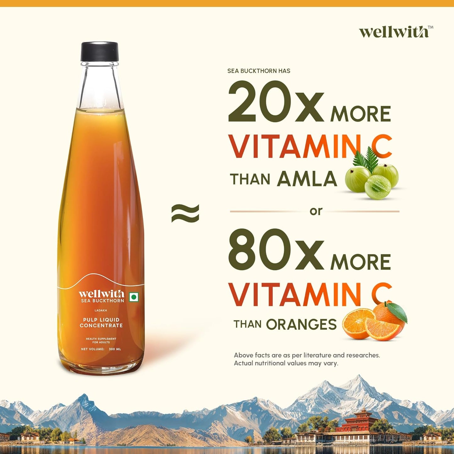 Wellwith by Ayuzera Natural Himalayan Sea Buckthorn Pulp 300ml | Cold Pressed Nutrient Rich Juice | Loaded with Vitamin C, Omega 3 6 7 9 & Antioxidants | For Skin, Immunity & Digestive Health