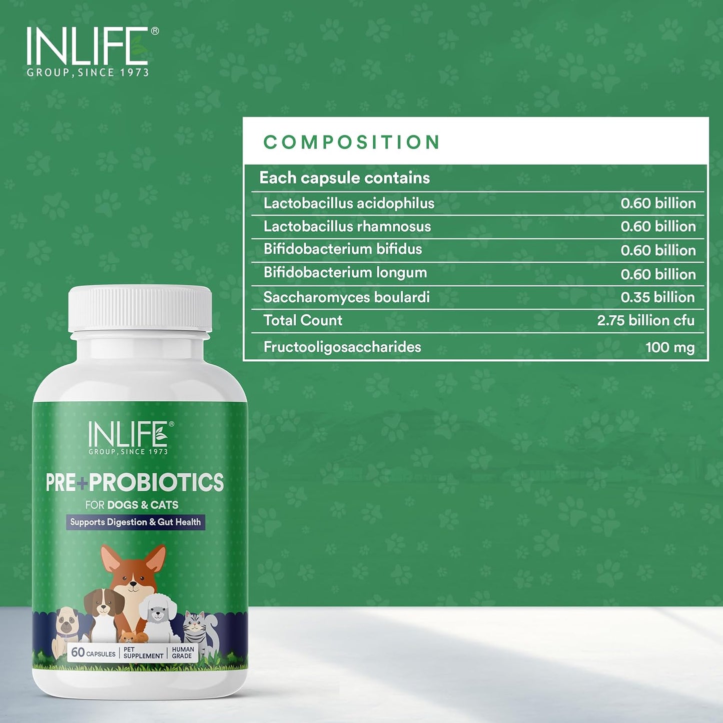 INLIFE Prebiotics and Probiotics for Dogs Cats and Pets | Supplement for Gut Health | Lactobacillus Bacteria for Digestive Health Immunity Booster - 60 Capsules