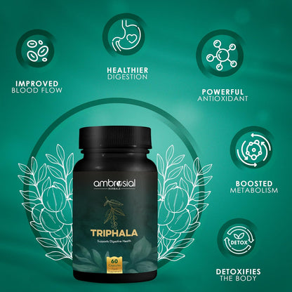 Ambrosial Triphala| Tablets Blend of 3 Natural herbs in Triphala Powder Premium Herbal Digestive Enzymes Relief from Constipation Digestion Support Colon Cleanser & Gas Relief (Pack of 1-60 Capsules)
