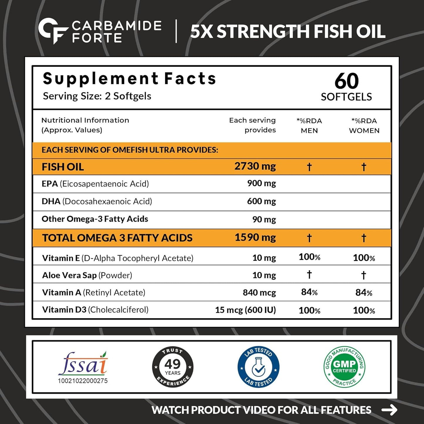 Carbamide Forte 5X Strength Omega 3 Fish Oil Capsules 2730mg | Omega 3 Supplement To Support Supports Overall Health & Skin | Fish Oil Omega3 Capsules With Added Aloevera, Vitamin D3, Vitamin E For Men & Women - 60 Softgels