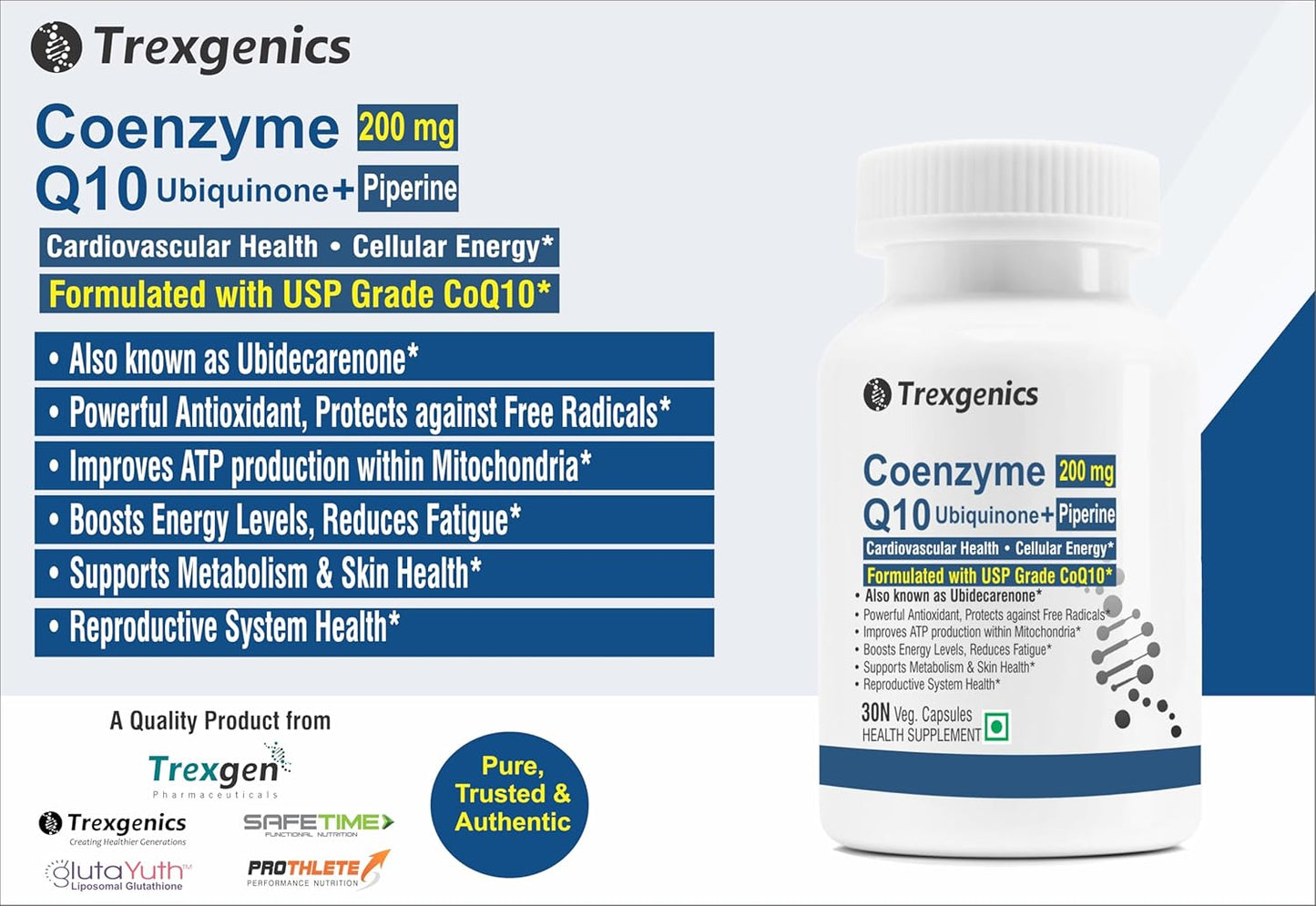 Trexgenics COENZYME Q10 200 mg USP grade Ubiquinone (Ubidecarenone) with Piperine 8 mg Antioxidant, Cellular Energy, Heart Health (30 Veg Capsules)