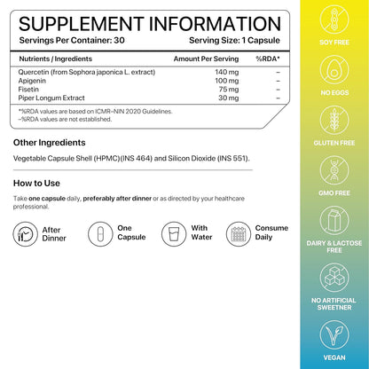 Decode Age Senolytic Activator SeneVit Blend of Fisetin, Apigenin For Immune Support | Healthy Ageing | Anti-Inflammatory | Cellular Health | Skin Health| Joint Health (30 Vegan Capsules), 100 grams