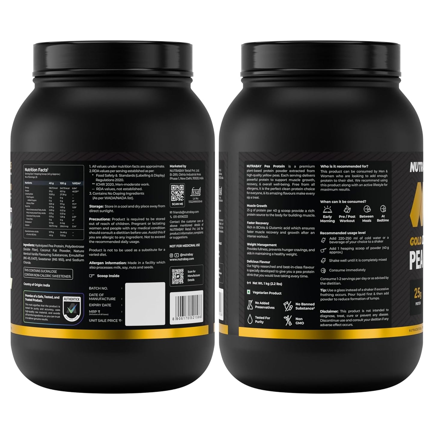 NUTRABAY Gold 100% Pea Protein Powder - 1kg, French Vanilla | 25g Protein, 4.6g BCAA, 5g Fiber | Complete Amino Profile | Tastiest & Smoothest Vegan, Plant Protein | Muscle Gain & Fast Recovery