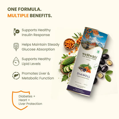 Wellwith (Ayuzera) Diawell (Diabowin) Karela & Jamun Diabetic Care Juice with Seabuckthorn 300ml | Chirata and Punarnava | Ayurvedic | Makes Upto 50 Glass Juice (300ml, Pack of 1)