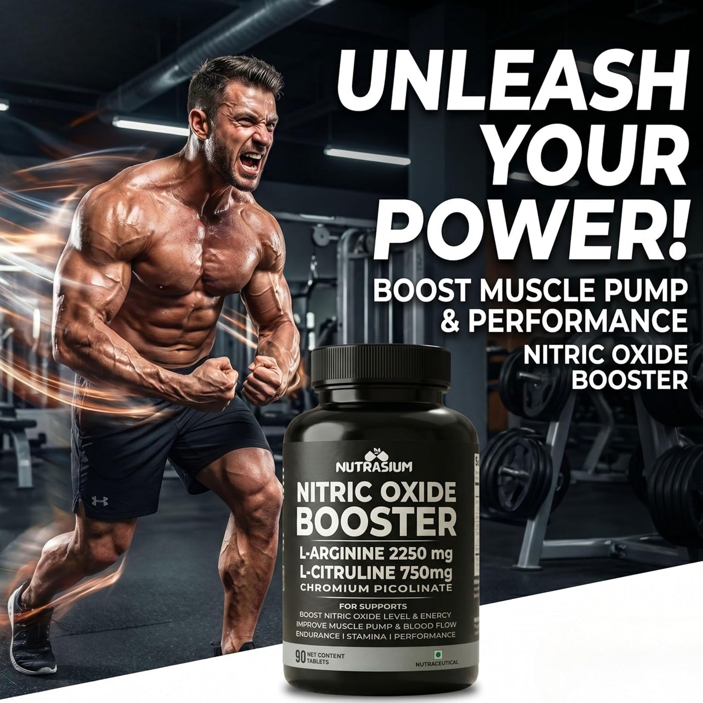 Nutrasium Nitric Oxide Supplement For Man | 2250 mg L-Arginine, 750 mg L-Citrulline with Chromium Picolinate For Supports Nitric Oxide Level, Improve Muscle Pump & Blood Flow, Boost Endurance, Stamina & Performance | 45 veg Tablets.