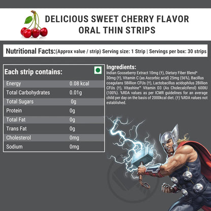Wellbeing Nutrition Marvel Thor Melts | Active Probiotics & Prebiotics for Kids (6+) to Improve Digestion, Immunity & Gut Health | Kids Health Supplement | Sweet Cherry Flavor (30 Oral Strips)