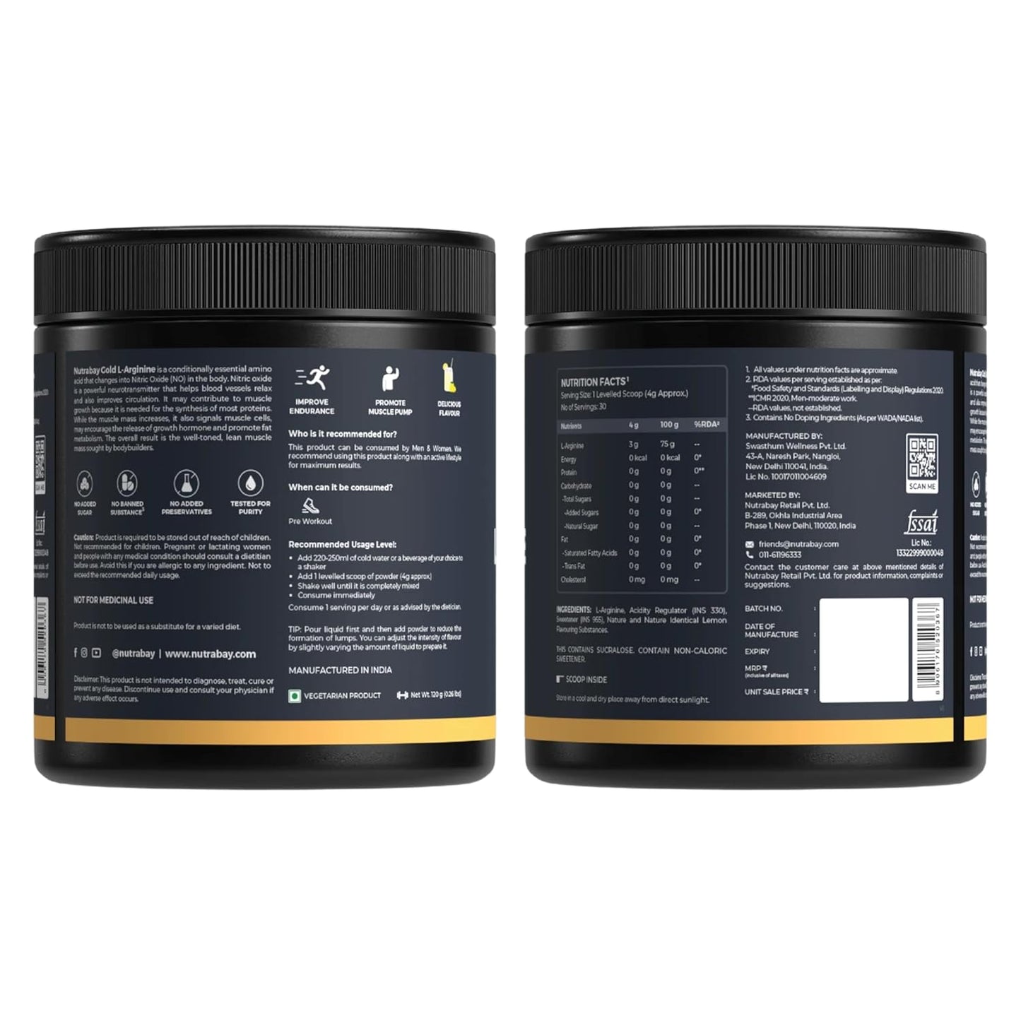 Nutrabay Gold L-Arginine Supplement Powder 120g, Lemon Flavor â€“ Pre Workout Amino Acid for Endurance, Muscle Building & Faster Recovery| Tested for Purity | 100% Authentic