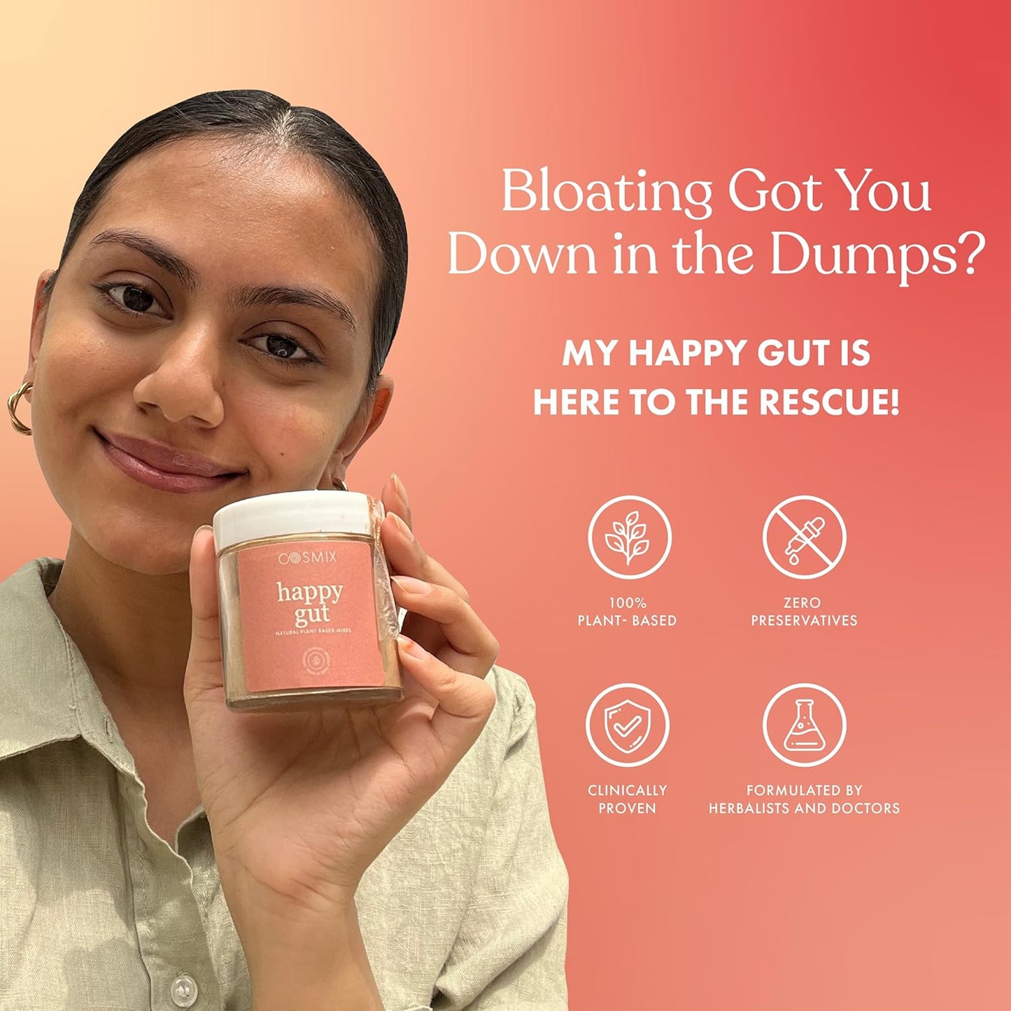 cosmix-My Happy Gut|Prebiotics&Probiotics-Promotes Healthy Gut Microbiome|Mulethi&Triphala Powder|Helps With Acidity,Digestion&Bloating|No Preservatives|No Added Sugar|60G-40 Servings (Pack Of 1)