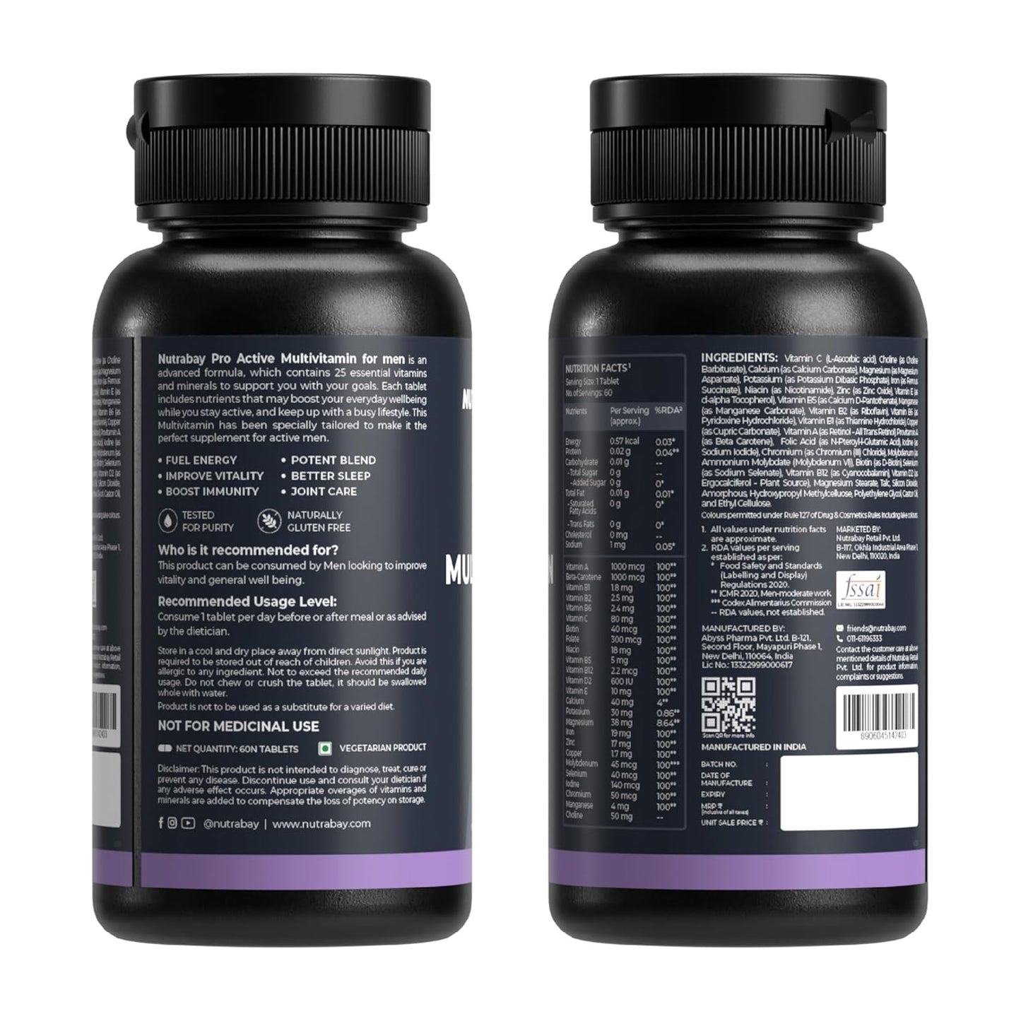 Nutrabay Pro Active Multivitamin for Men with Zinc, Magnesium, Vitamin B,C,A,E â€“ Enhances Energy, Immunity & Better Sleepâ€“ 60 Veg Capsules | 100% RDA for Viamins & Minerals | Purity Tested Supplement