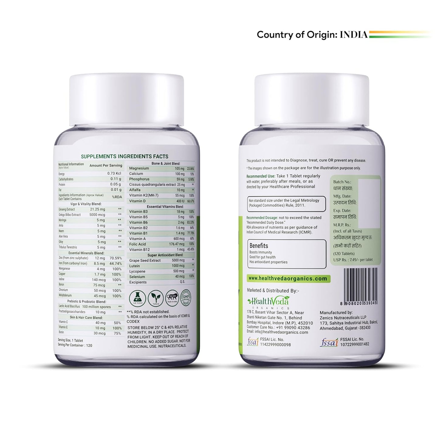 Health Veda Organics Multivitamin With Probiotics - 45 Ingredients Supplement For Men And Women | Vitamin C, D, E, B3, B5, B12, Zinc, Magnesium, Giloy & Biotin | Essential Vitamins & Minerals Blend - 120 Veg Tablets