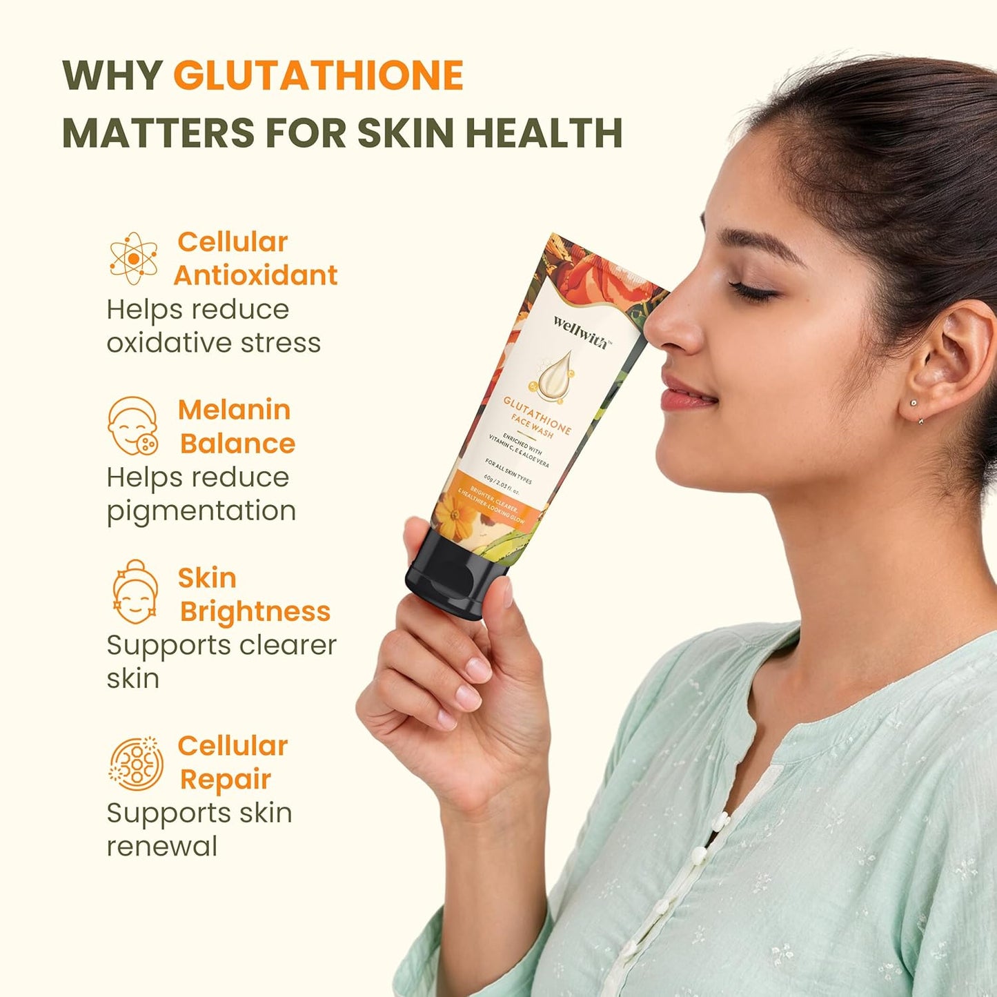 Wellwith(Ayuzera) Glutathione Face Wash, Vitamin C & E, Kojic Acid Aloe Vera, Glowing Skin, Oil Control, Cleansing Face Wash Skin Rejuvanating (60ml, Pack of 1)