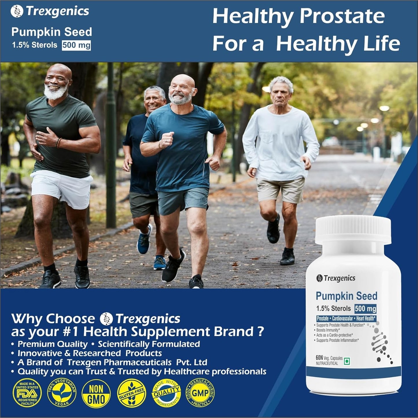 Trexgenics PUMPKIN SEED EXTRACT 500 mg Prostate, BPH, Urinary Tract Health Support (60 Veg Capsules) (Pack of 1)