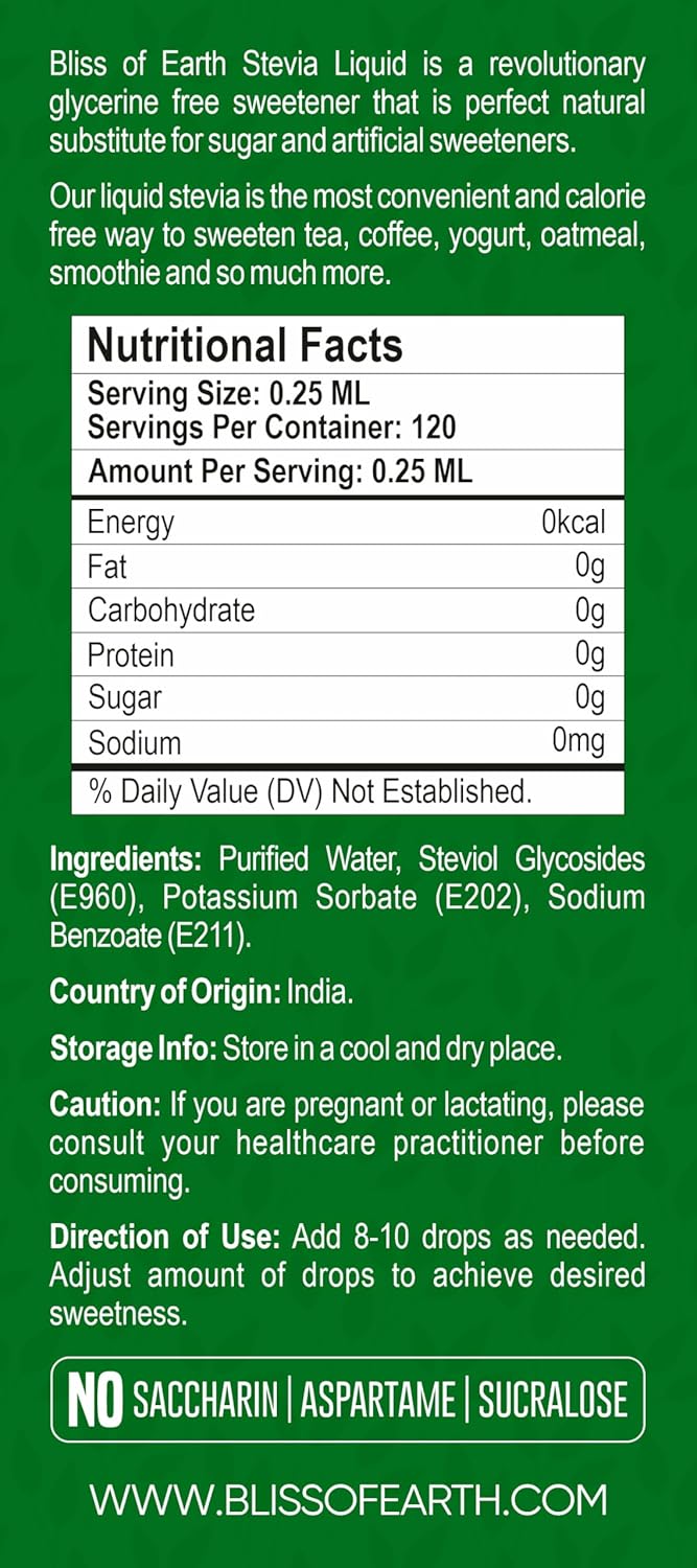 Bliss of Earth Stevia Liquid Sweetener â€“ Pure, Natural & Sugar Free Drops | Zero Calorie | 30ML | Perfect for Tea, Coffee, Shakes, Smoothies & Desserts | Keto & Diabetic Friendly