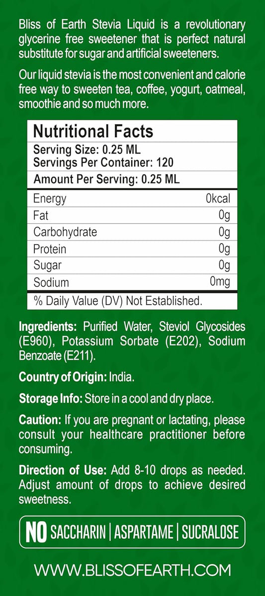 Bliss of Earth Stevia Liquid Sweetener â€“ Pure, Natural & Sugar Free Drops | Zero Calorie | 30ML | Perfect for Tea, Coffee, Shakes, Smoothies & Desserts | Keto & Diabetic Friendly