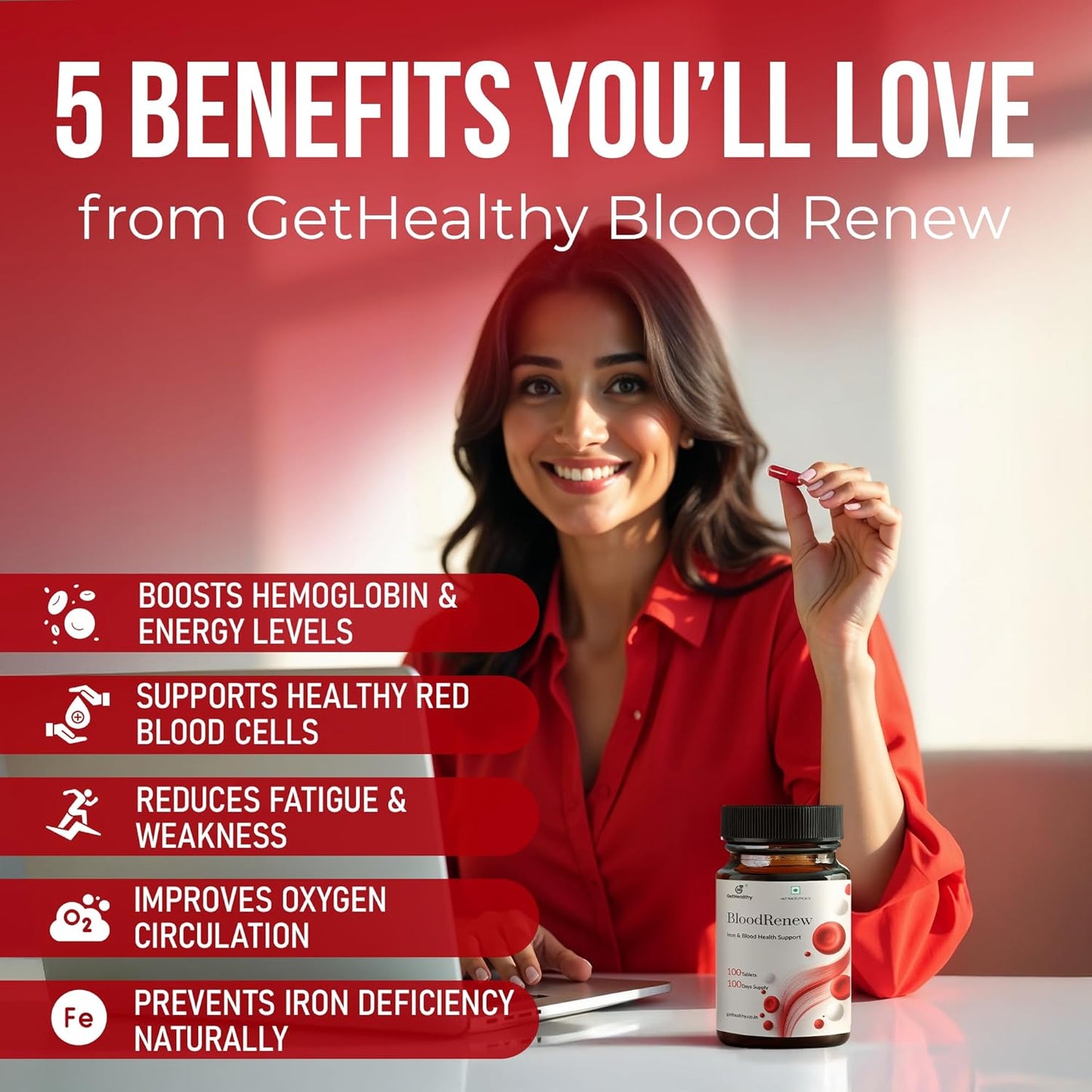 GetHealthyÂ® BloodRenewâ„¢ Iron Supplement with Vitamin C | 100 Iron Tablets for Men & Women | High Absorption Formula for Hemoglobin Support & Energy | 100 Day Supply