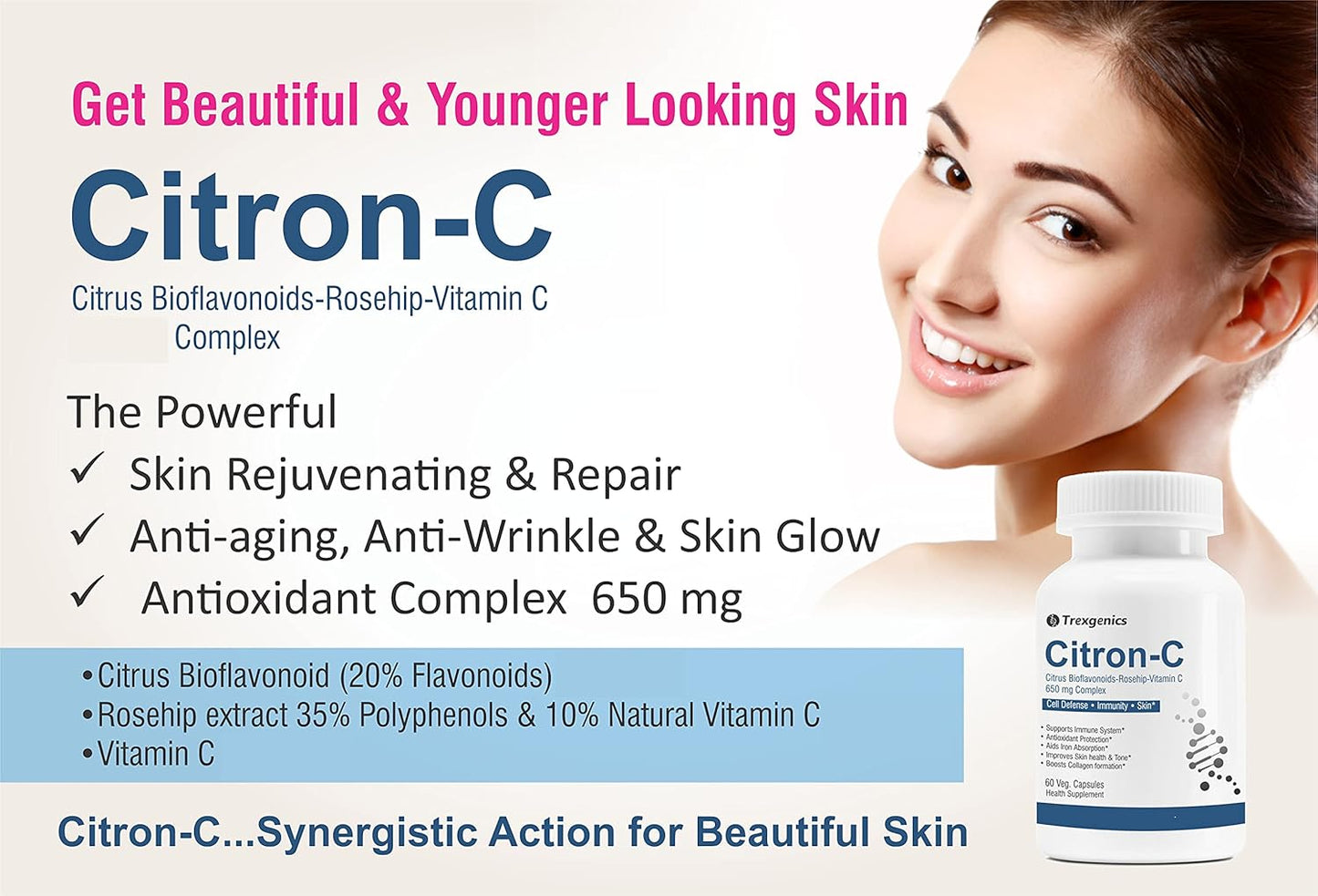 Trexgenics Citron-C Citrus Bioflavonoids 20%-Rosehip 35%-Vitamin C Complex 650mg - Collagen Builder, Vein Health, Immunity, Antioxidant & Skin (60 Veg. Capsules)