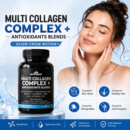 Nutrasium Multi Collagen With Glutathione For Skin Radiance, Skin Firmness & Glow Added Hyluronic acid & Vitamin C & E | 90 Tablets