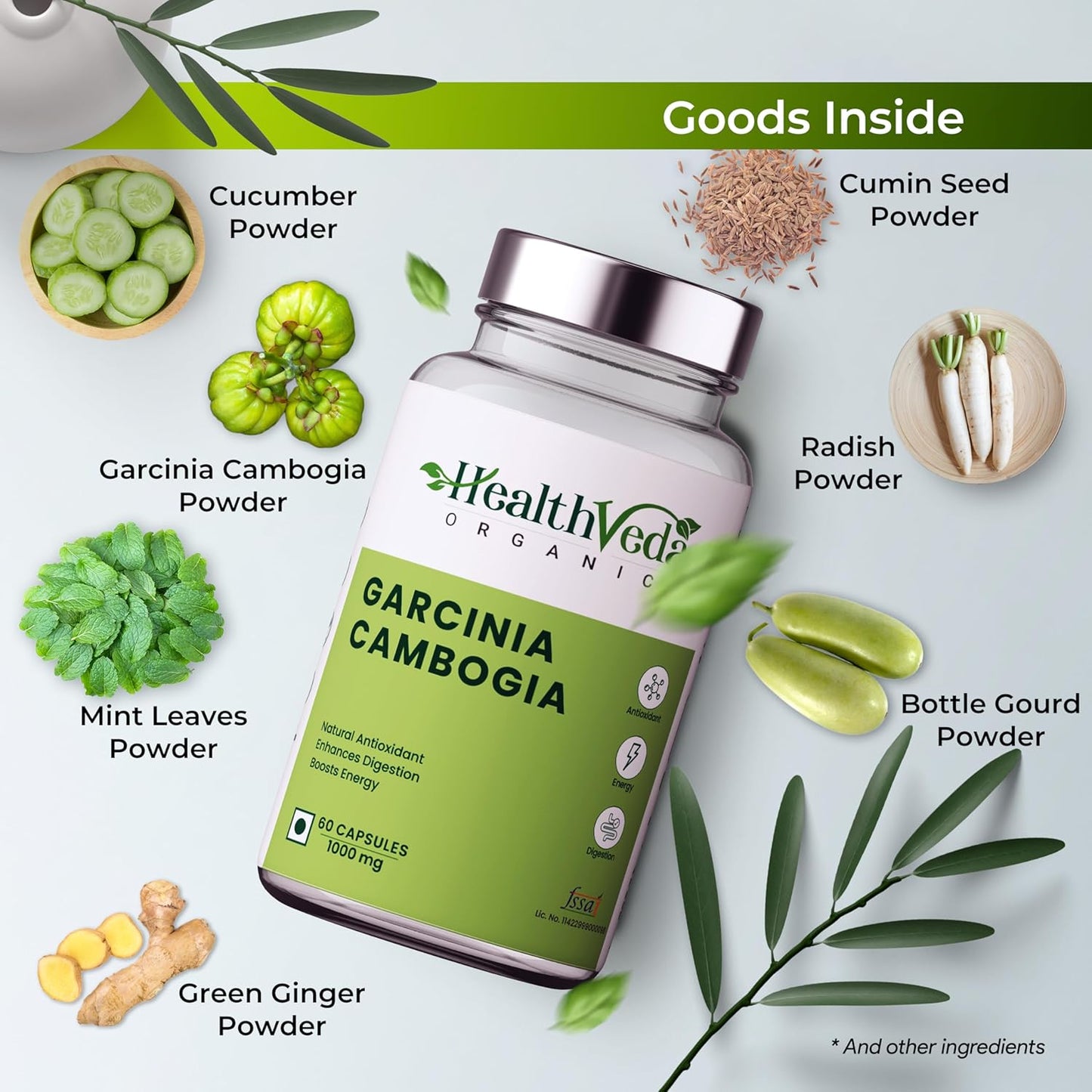 Health Veda Organics Plant Based Garcinia Cambogia Supplement 1000 mg | 60 Veg Capsules | Improves Digestion | For Both Men & Women