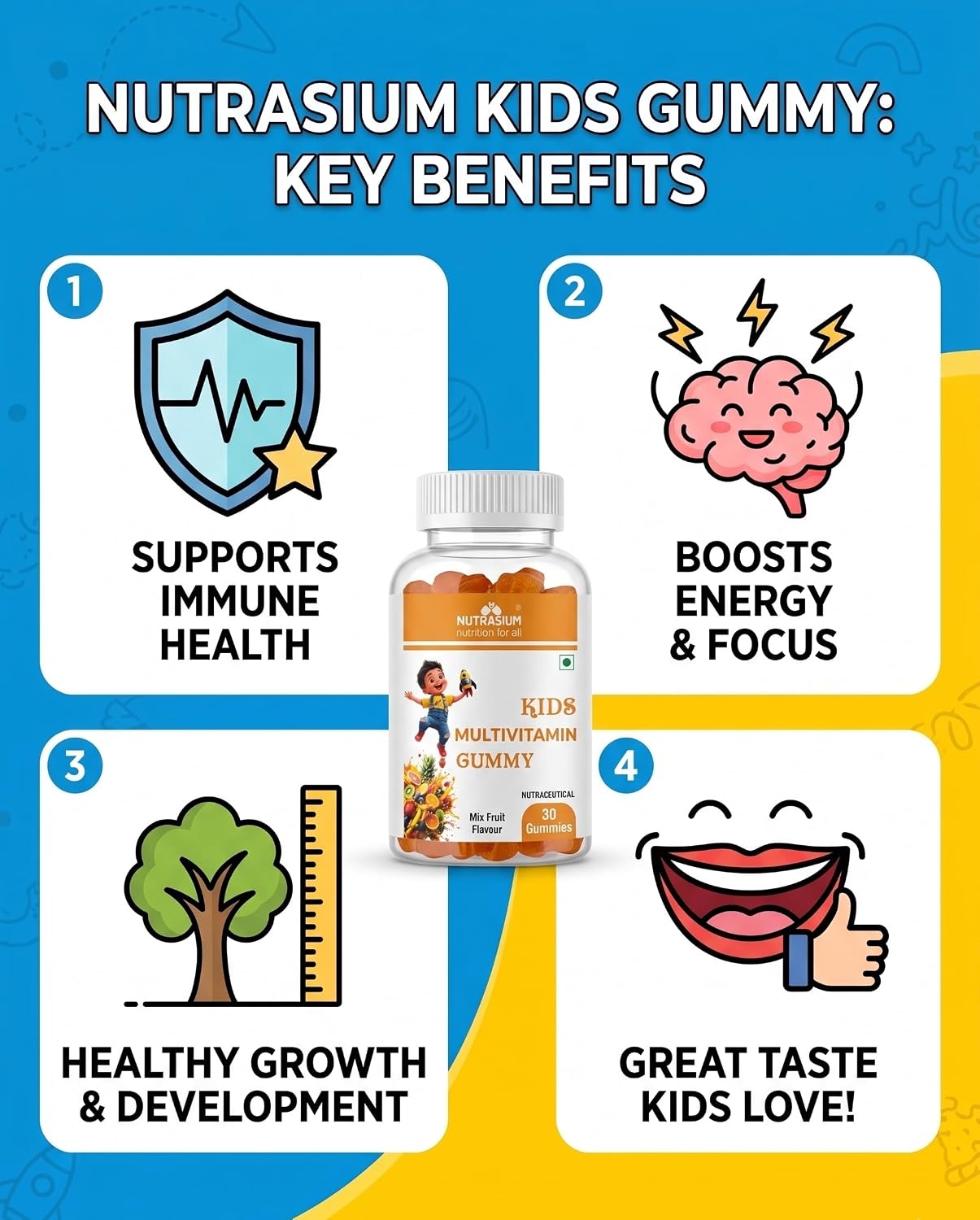 Nutrasium Multivitamin Gummies For Kids | With 14 Vitamins, 10 Minerals | Ashwagandha & Ginseng | 30 Day pack | Improves Immunity, Bone health & Brain Development | No Added Sugar | Mixed Fruit Flavour