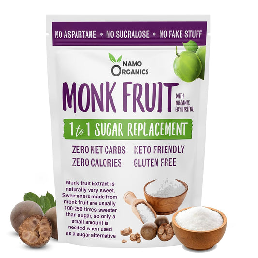 Namo Organics - MonkFruit Natural Sweetener with erythritol - 400g | 1:1 Sugar Substitute | Zero Calorie, Keto & Diabetic Friendly | Plant-Based monk fruit Sugar Alternative for Cooking, Baking & Beverages