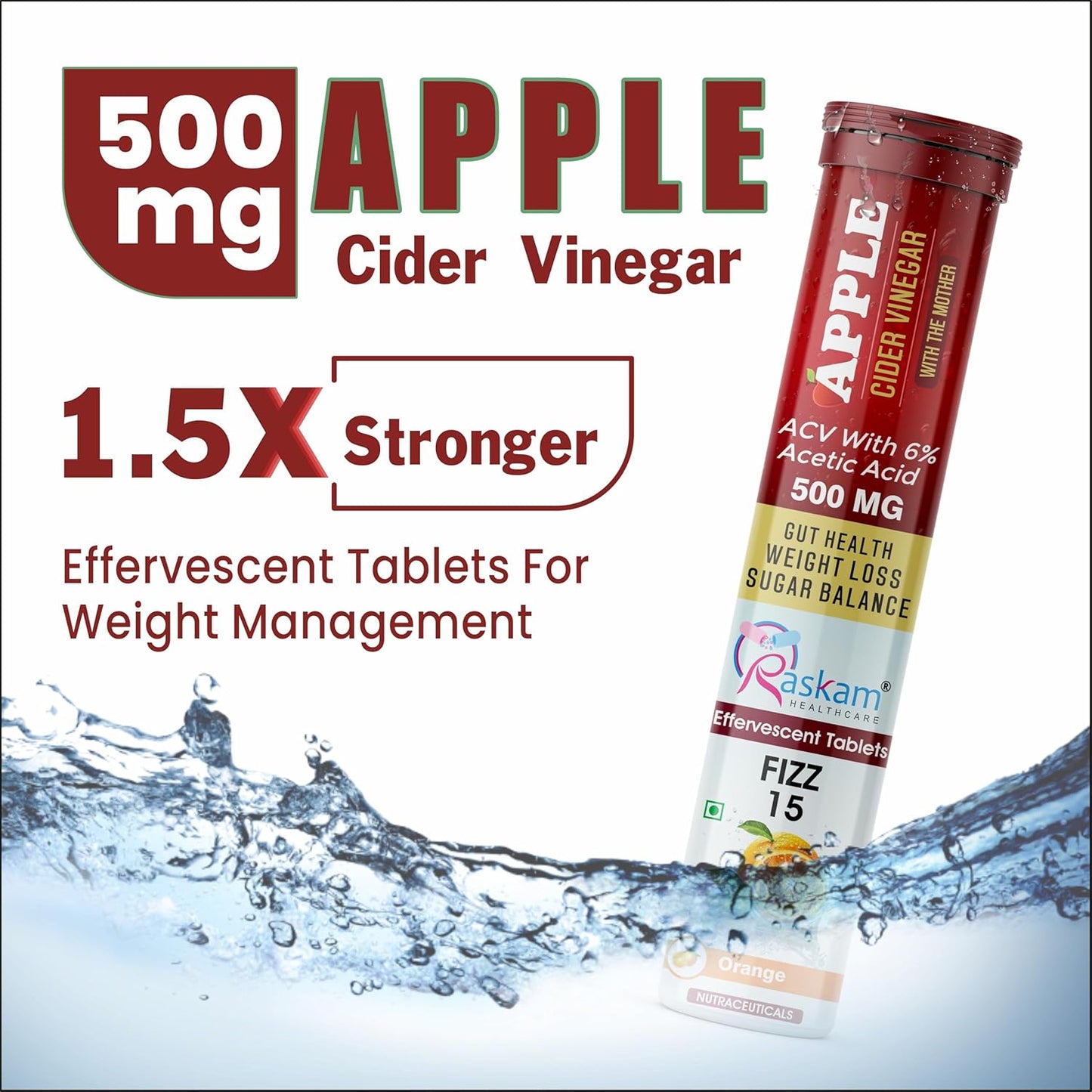 Apple Cider Vinegar 15 Effervescent Tablet 500mg (Pack of 1) Helps in Weight Management Digestion & Sugar Balance Orange Flavour 100% Vegan