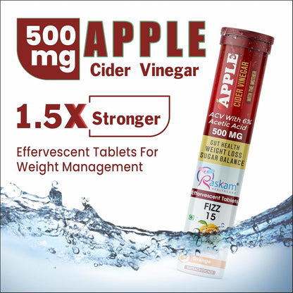 Apple Cider Vinegar 15 Effervescent Tablet 500mg (Pack of 1) Helps in Weight Management Digestion & Sugar Balance Orange Flavour 100% Vegan
