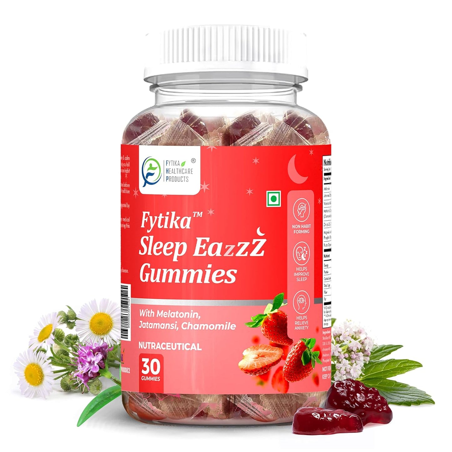 Fytika Melatonin Gummies 5mg - 30 Gummies (Pack of 1)| for Men & Women | Jatamansi, Chamomile, Valeriana, Zinc & Magnesium | No Added Sugar | Natural Strawberry Flavour