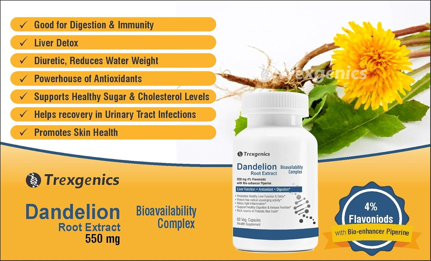 Trexgenics DANDELION (Bioactive 4% Flavonoids) 550mg EXTRACT Liver Function, Dextox, Antioxidant, Digestion (60 Veg Capsules)