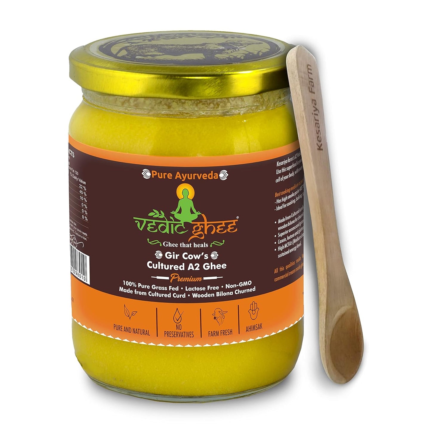 Vedic Ghee Premium A2 Gir Cow Cultured Desi Ghee from Kesariya Farm | Vedic Bilona Two Way Churned | Indian Gir Cow Ghee, Pure A2 Ghee, Natural & Healthy, Non-GMO | Lab Certified