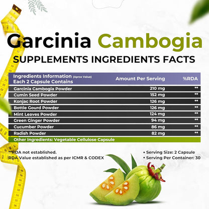 Health Veda Organics Plant Based Garcinia Cambogia Supplement 1000 mg | 60 Veg Capsules | Improves Digestion | For Both Men & Women