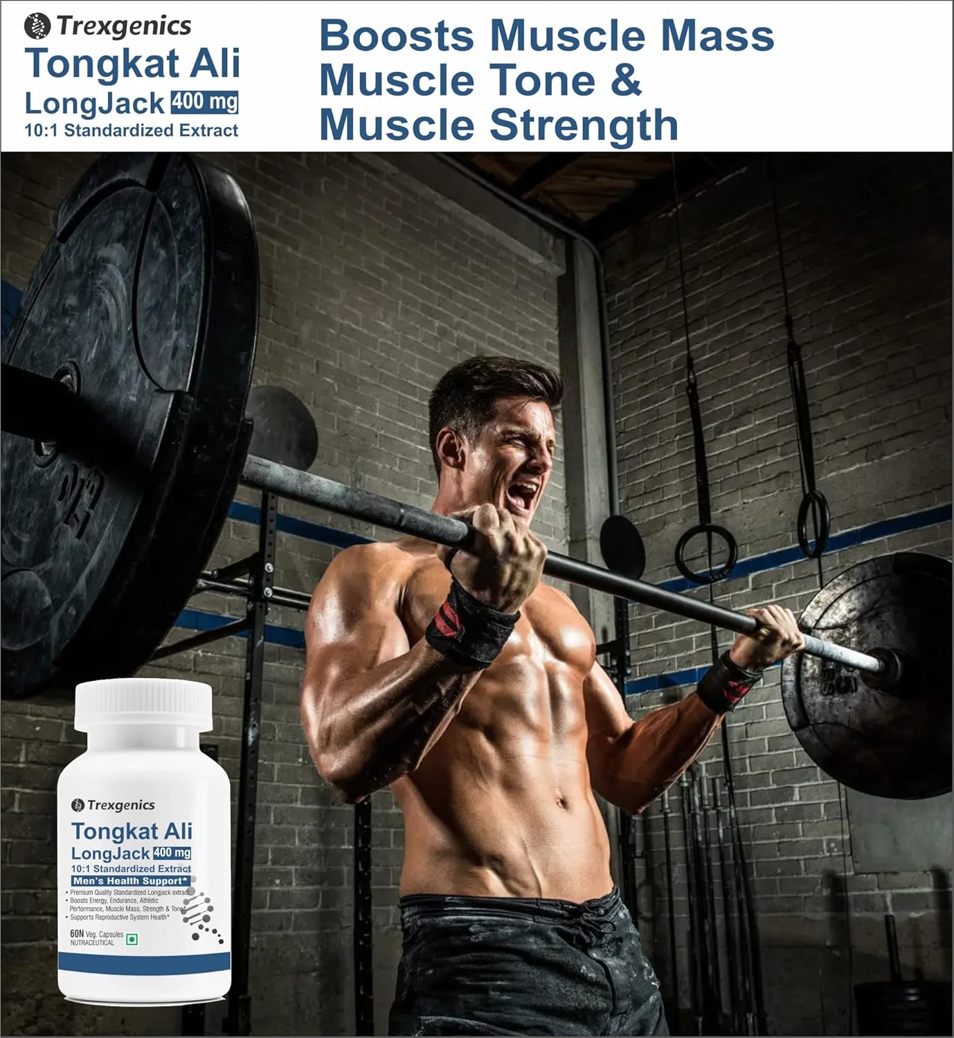 Trexgenics TONGKAT ALI LONGJACK 10:1 extract 400 mg Premium Men's Health Energy, Endurance, Athletic Performance Support (60 Veg. Capsules) (Pack of 1)